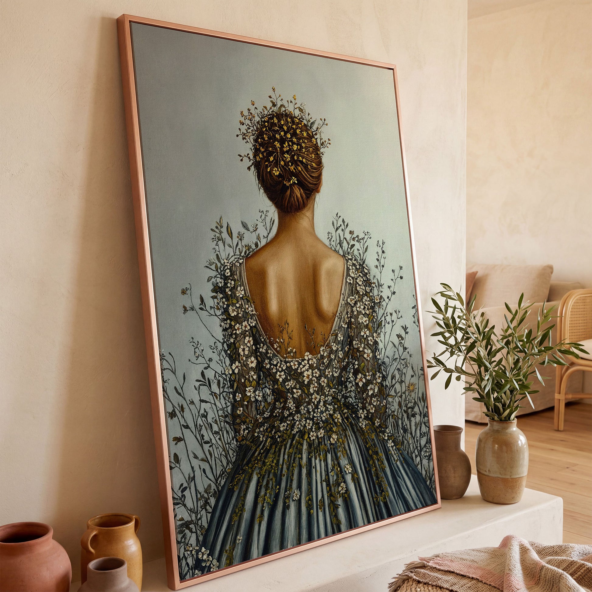 Floral Woman Canvas Art, Dark Feminine Surrealist Portrait in rose gold floating frame