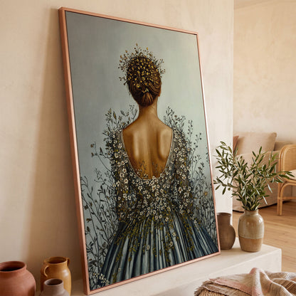Floral Woman Canvas Art, Dark Feminine Surrealist Portrait in rose gold floating frame