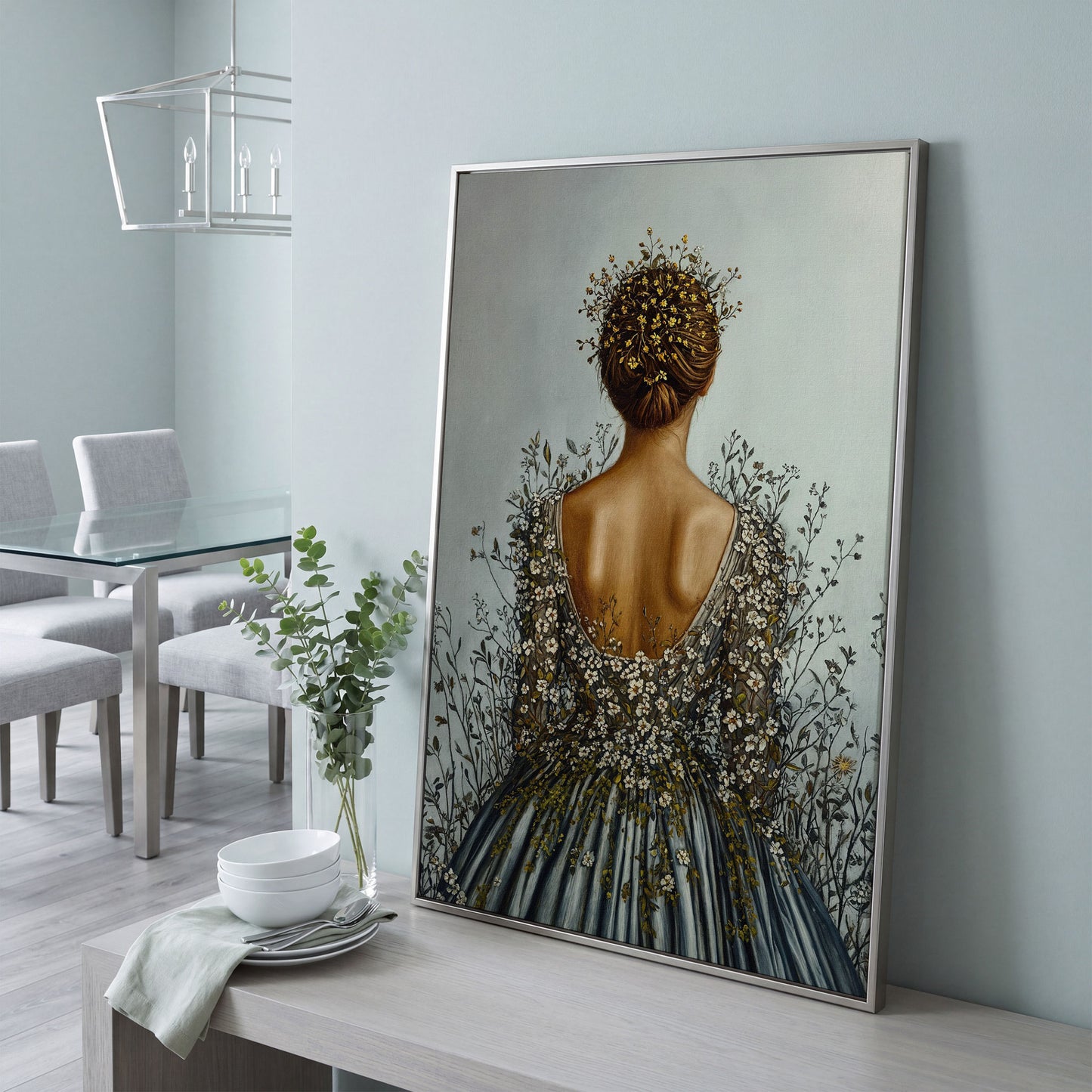 Floral Woman Canvas Art, Dark Feminine Surrealist Portrait in silver floating frame