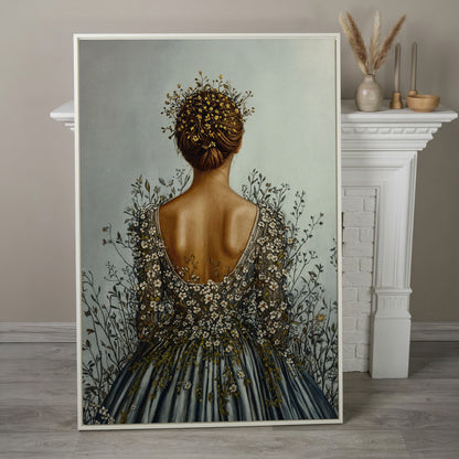 Floral Woman Canvas Art, Dark Feminine Surrealist Portrait in white floating frame
