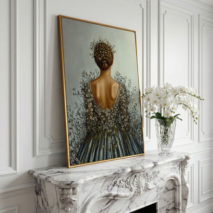 Floral Woman Canvas Art, Dark Feminine Surrealist Portrait in yellow gold floating frame