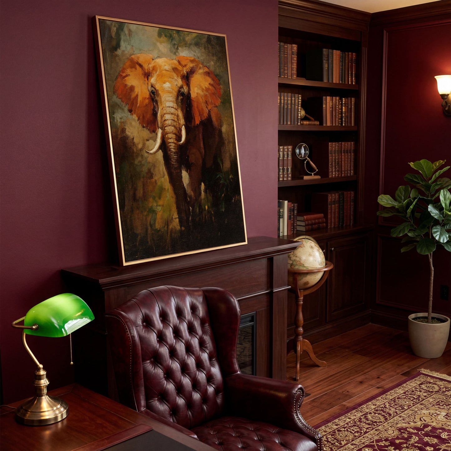 African Elephant Portrait Canvas Wall Art, Foliage Background in antique gold floating frame