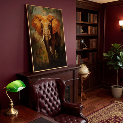 African Elephant Portrait Canvas Wall Art, Foliage Background in antique gold floating frame
