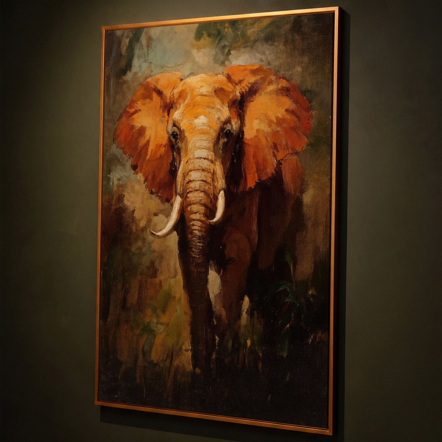 African Elephant Portrait Canvas Wall Art, Foliage Background shown in antique gold floating frame