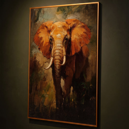 African Elephant Portrait Canvas Wall Art, Foliage Background shown in antique gold floating frame