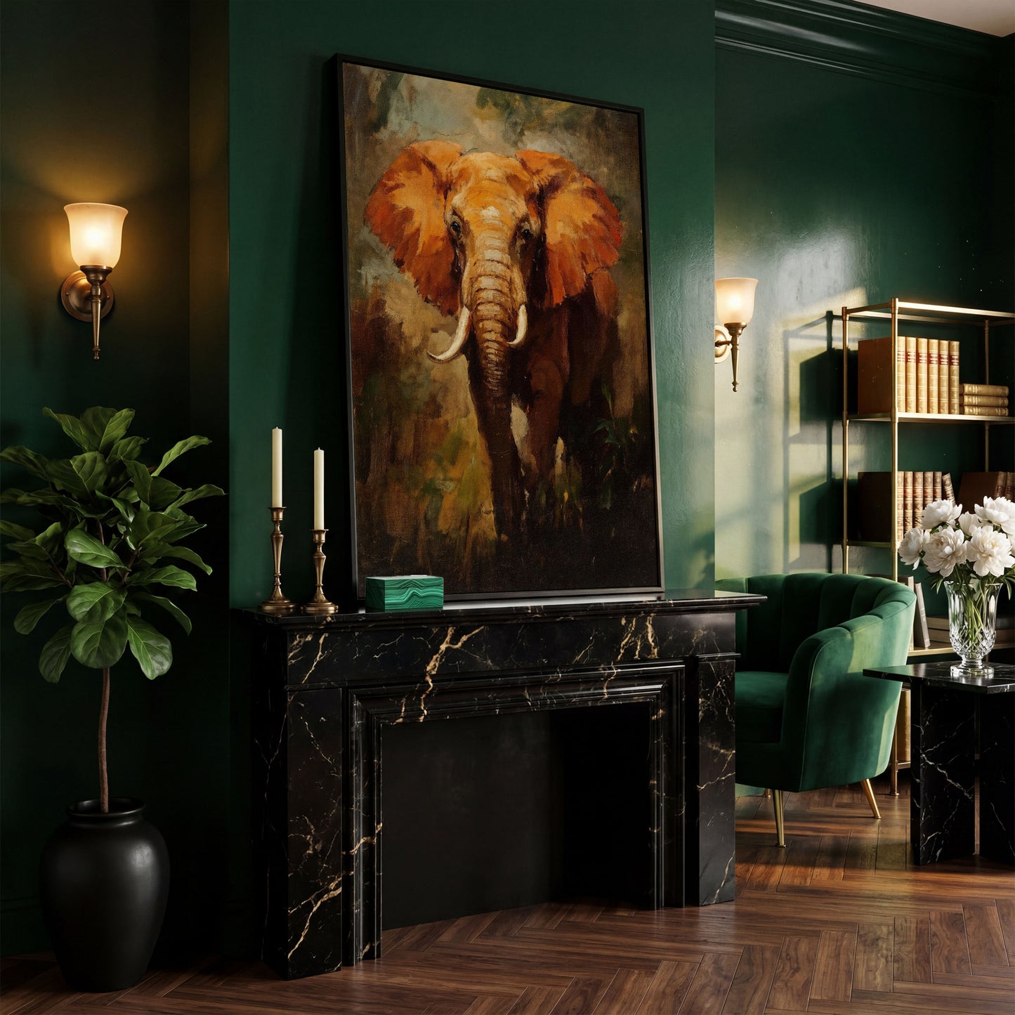 African Elephant Portrait Canvas Wall Art, Foliage Background in black floating frame