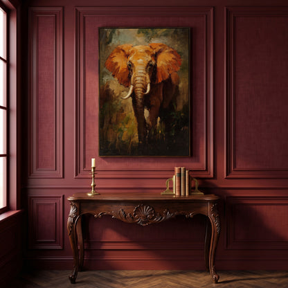 African Elephant Portrait Canvas Wall Art, Foliage Background in dark walnut floating frame