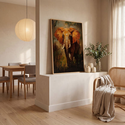 African Elephant Portrait Canvas Wall Art, Foliage Background in white oak floating frame