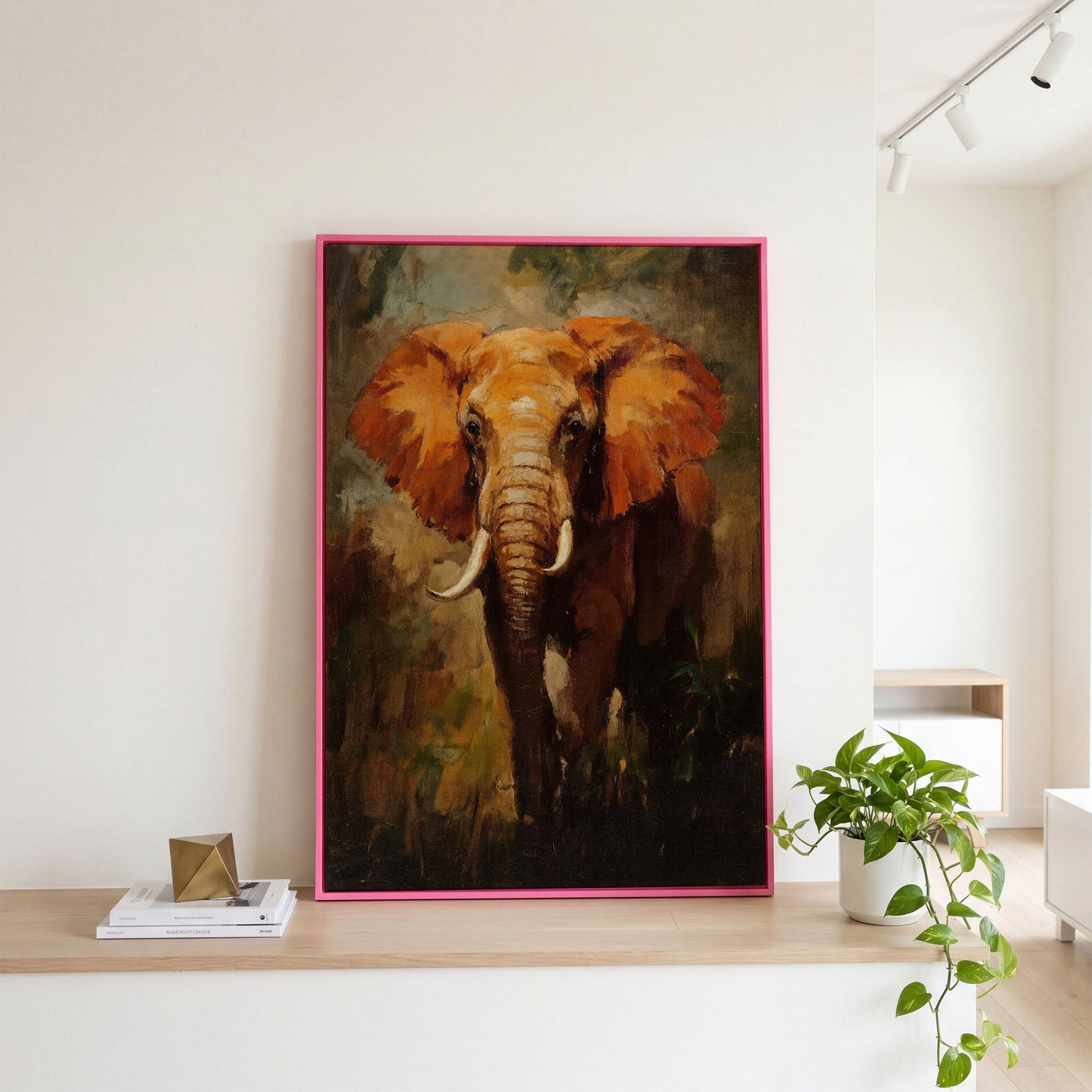 African Elephant Portrait Canvas Wall Art, Foliage Background in pink floating frame