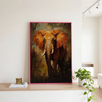 African Elephant Portrait Canvas Wall Art, Foliage Background in pink floating frame