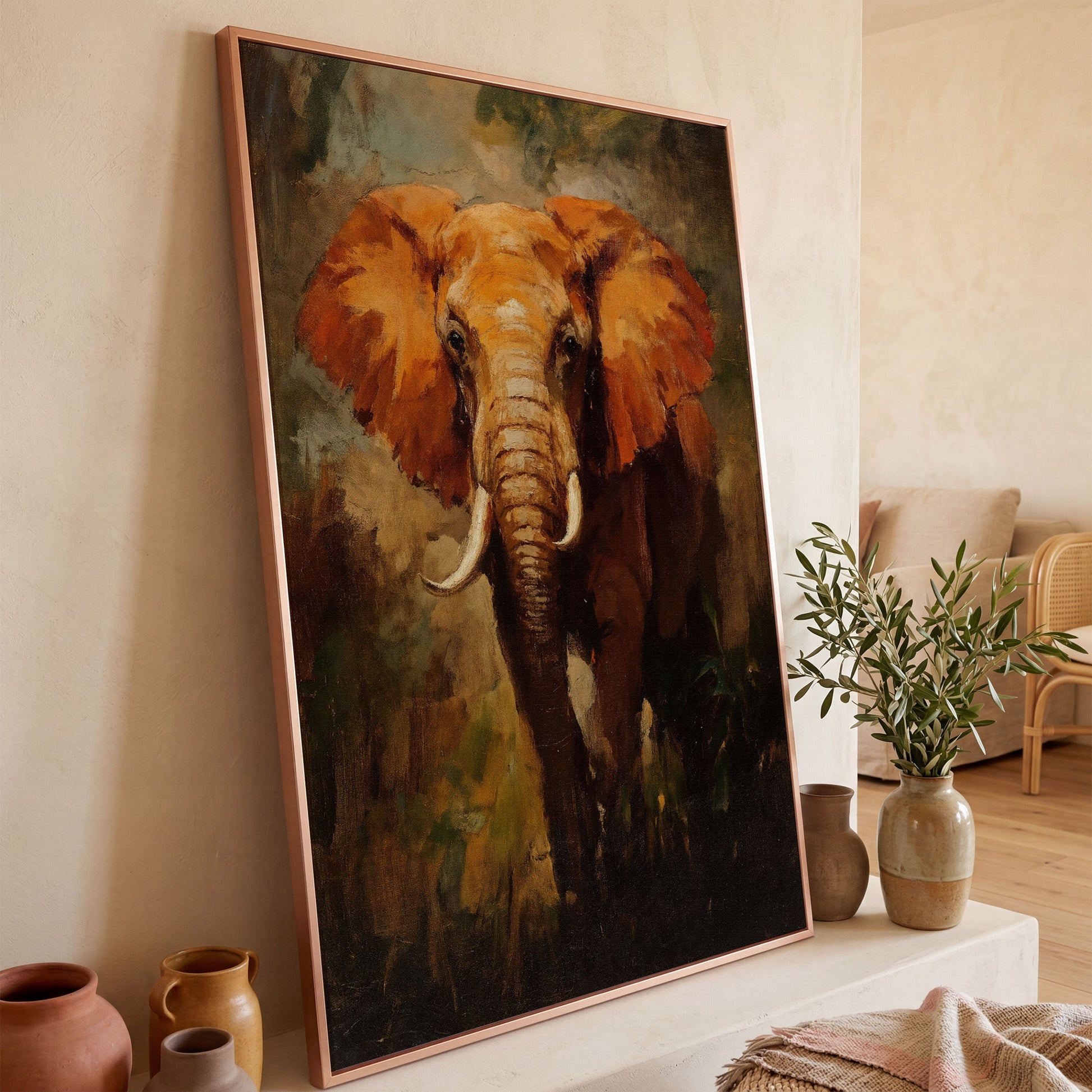 African Elephant Portrait Canvas Wall Art, Foliage Background in rose gold floating frame