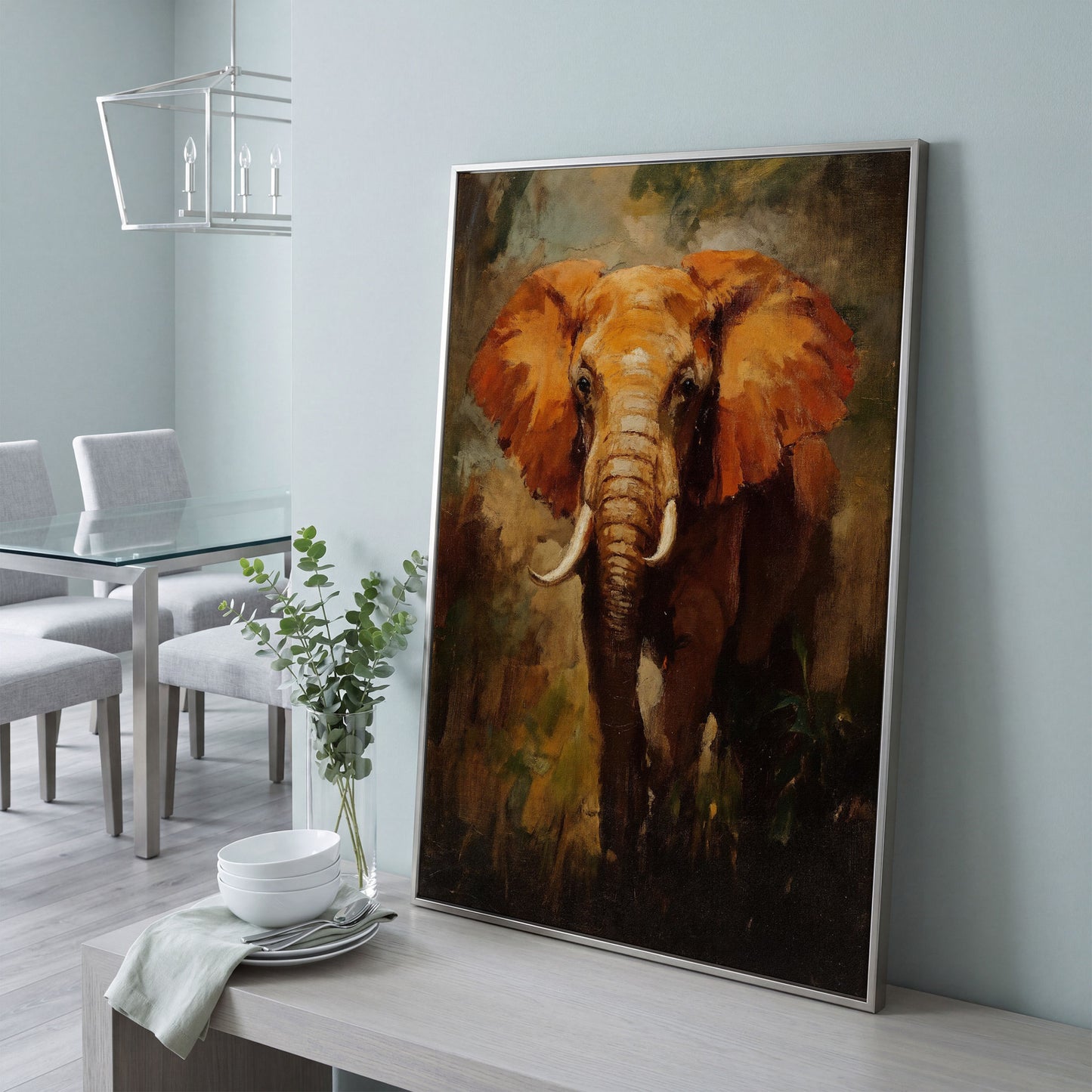 African Elephant Portrait Canvas Wall Art, Foliage Background in silver floating frame