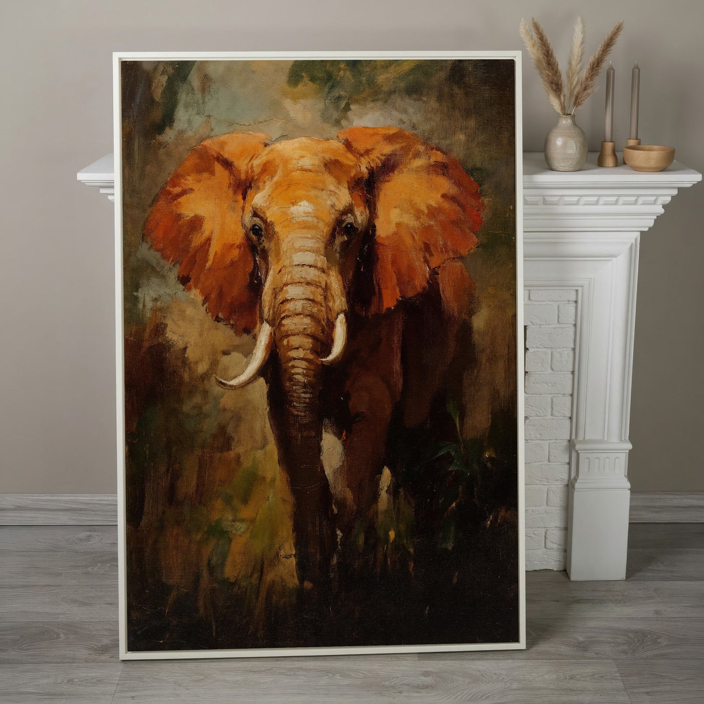 African Elephant Portrait Canvas Wall Art, Foliage Background in white floating frame