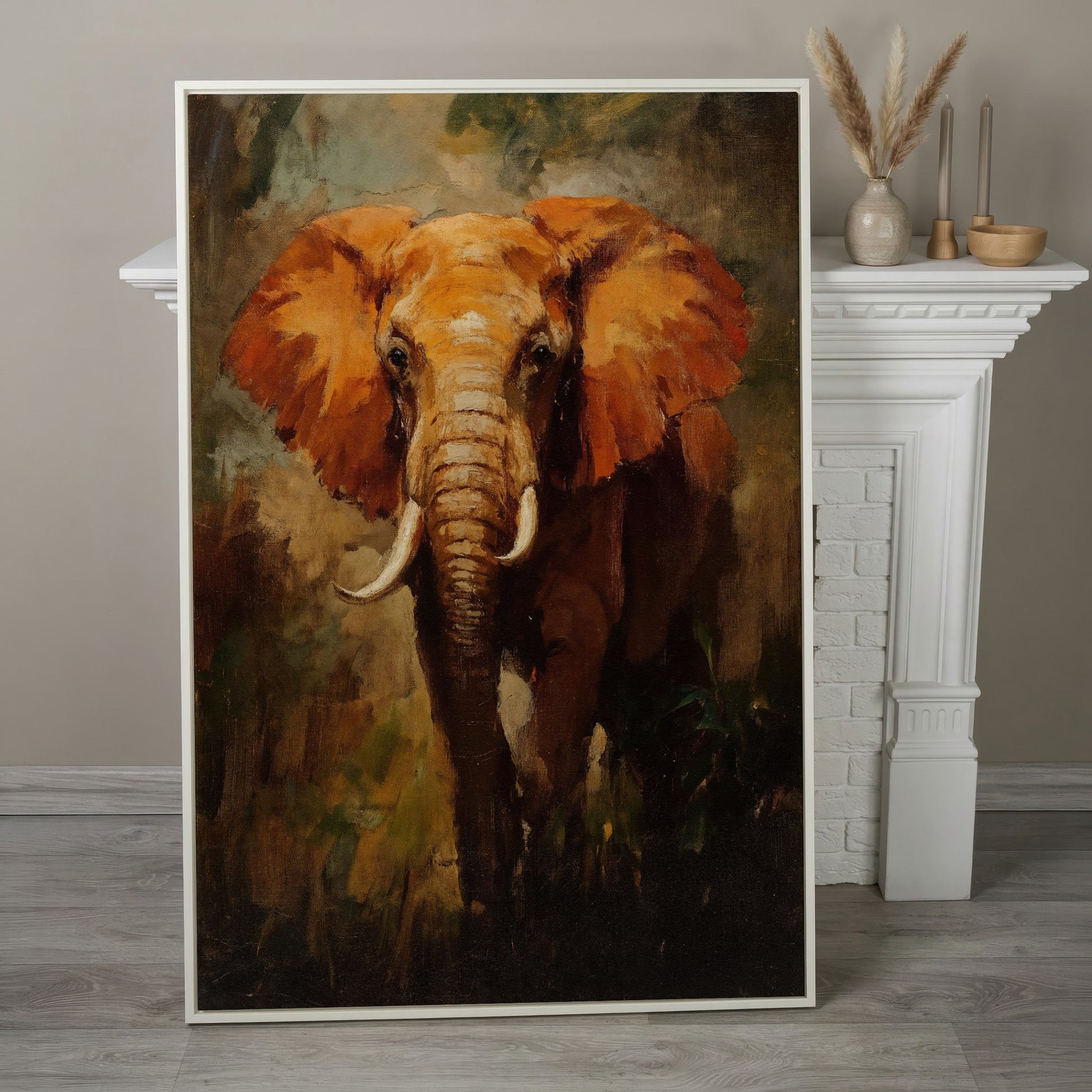 African Elephant Portrait Canvas Wall Art, Foliage Background in white floating frame