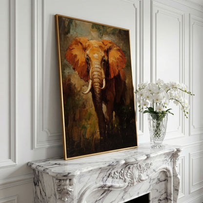 African Elephant Portrait Canvas Wall Art, Foliage Background in yellow gold floating frame