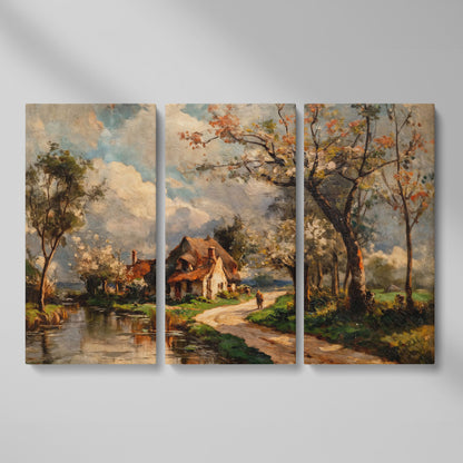 Irish Cottage Landscape Canvas Art with River and Walking Figure as 3-panel split version