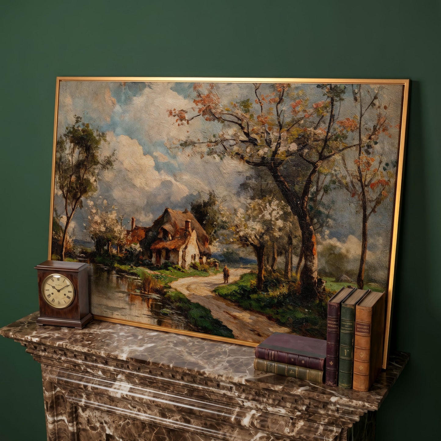 Irish Cottage Landscape Canvas Art with River and Walking Figure in antique gold floating frame