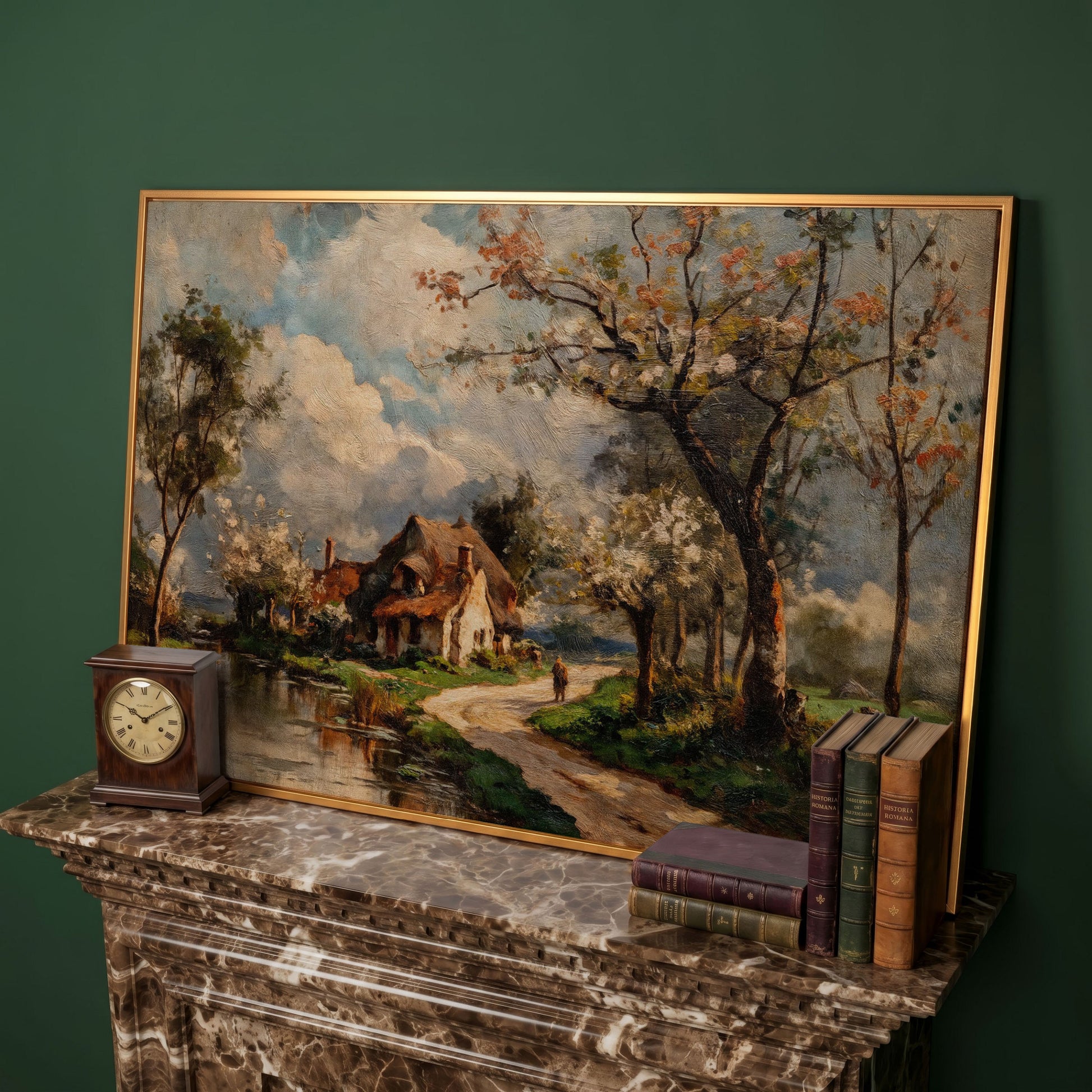 Irish Cottage Landscape Canvas Art with River and Walking Figure in antique gold floating frame
