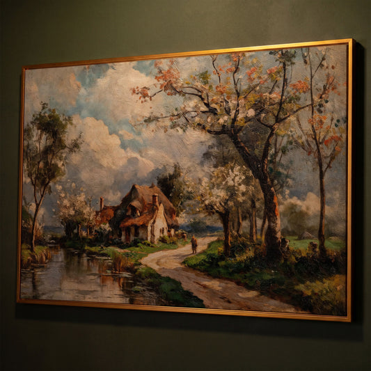 Irish Cottage Landscape Canvas Art with River and Walking Figure shown in antique gold floating frame