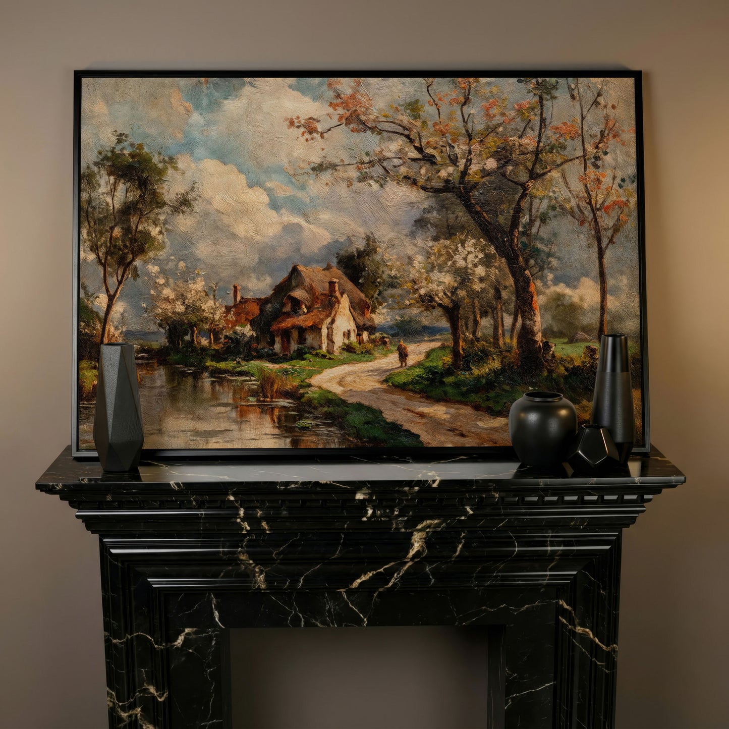 Irish Cottage Landscape Canvas Art with River and Walking Figure in black floating frame
