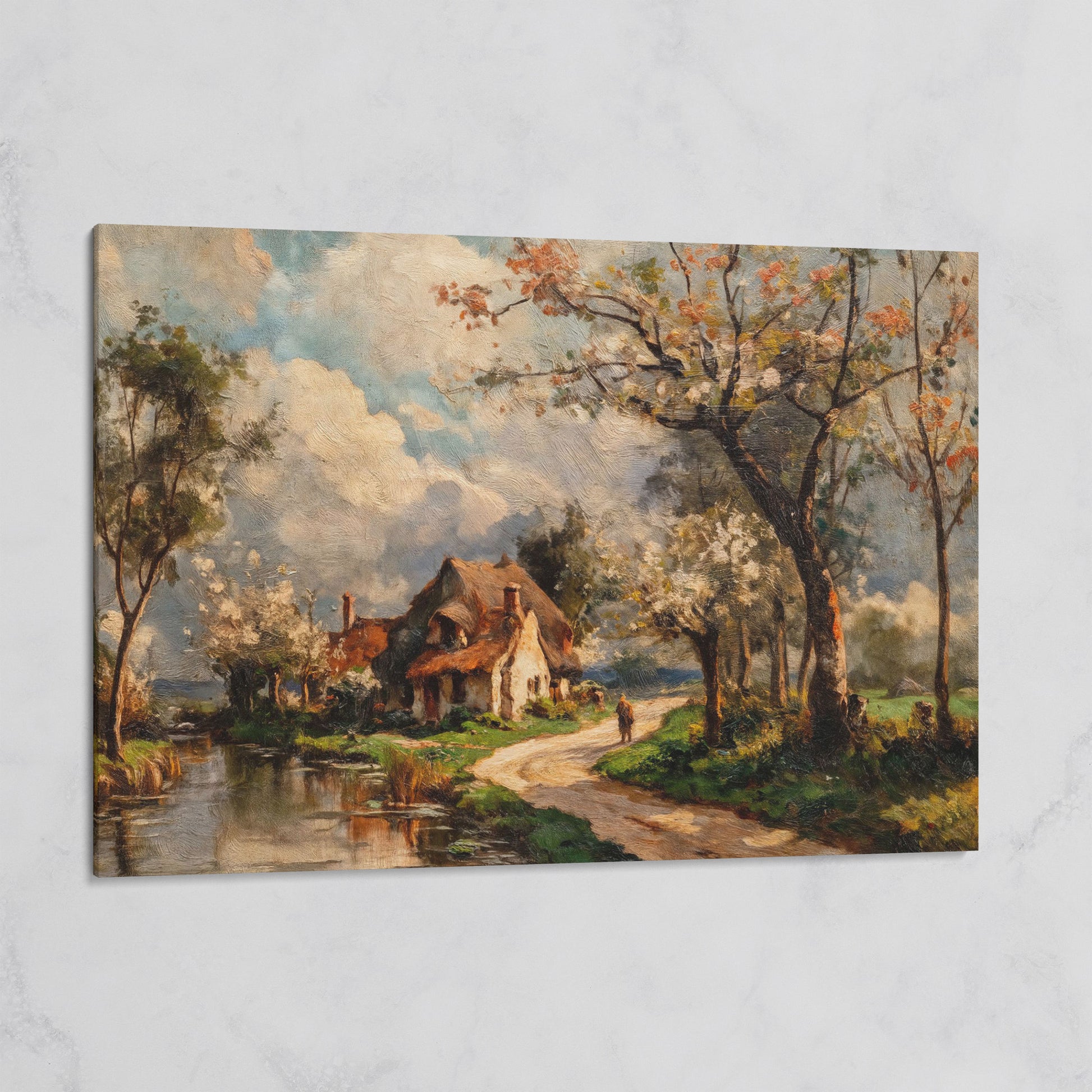 Irish Cottage Landscape Canvas Art with River and Walking Figure on gallery wrap