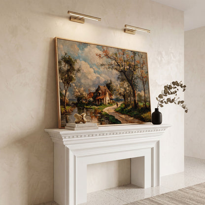 Irish Cottage Landscape Canvas Art with River and Walking Figure in white oak floating frame