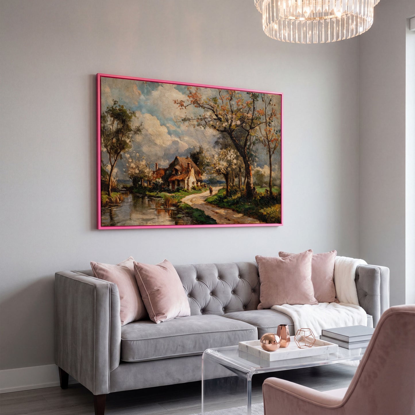 Irish Cottage Landscape Canvas Art with River and Walking Figure in pink floating frame