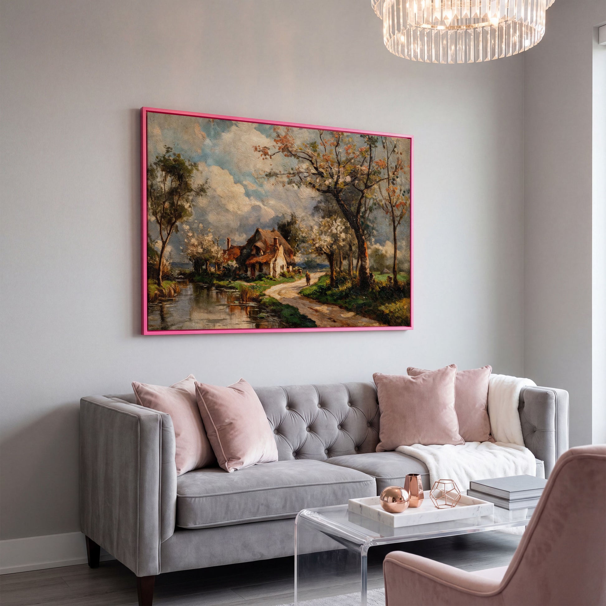 Irish Cottage Landscape Canvas Art with River and Walking Figure in pink floating frame