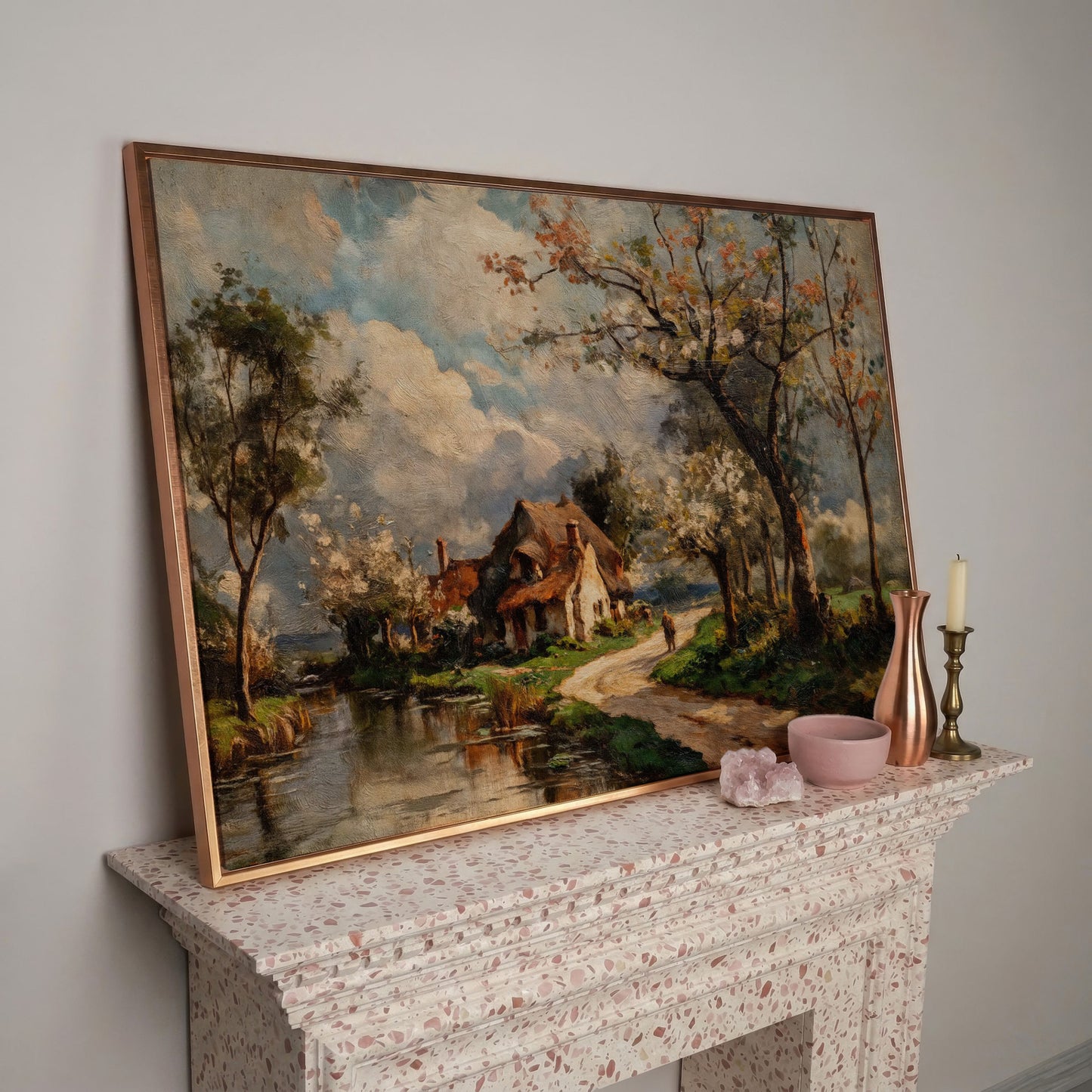 Irish Cottage Landscape Canvas Art with River and Walking Figure in rose gold floating frame
