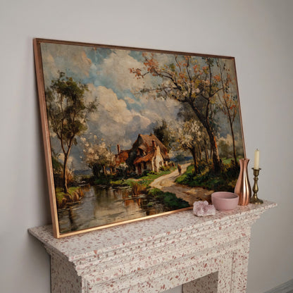 Irish Cottage Landscape Canvas Art with River and Walking Figure in rose gold floating frame
