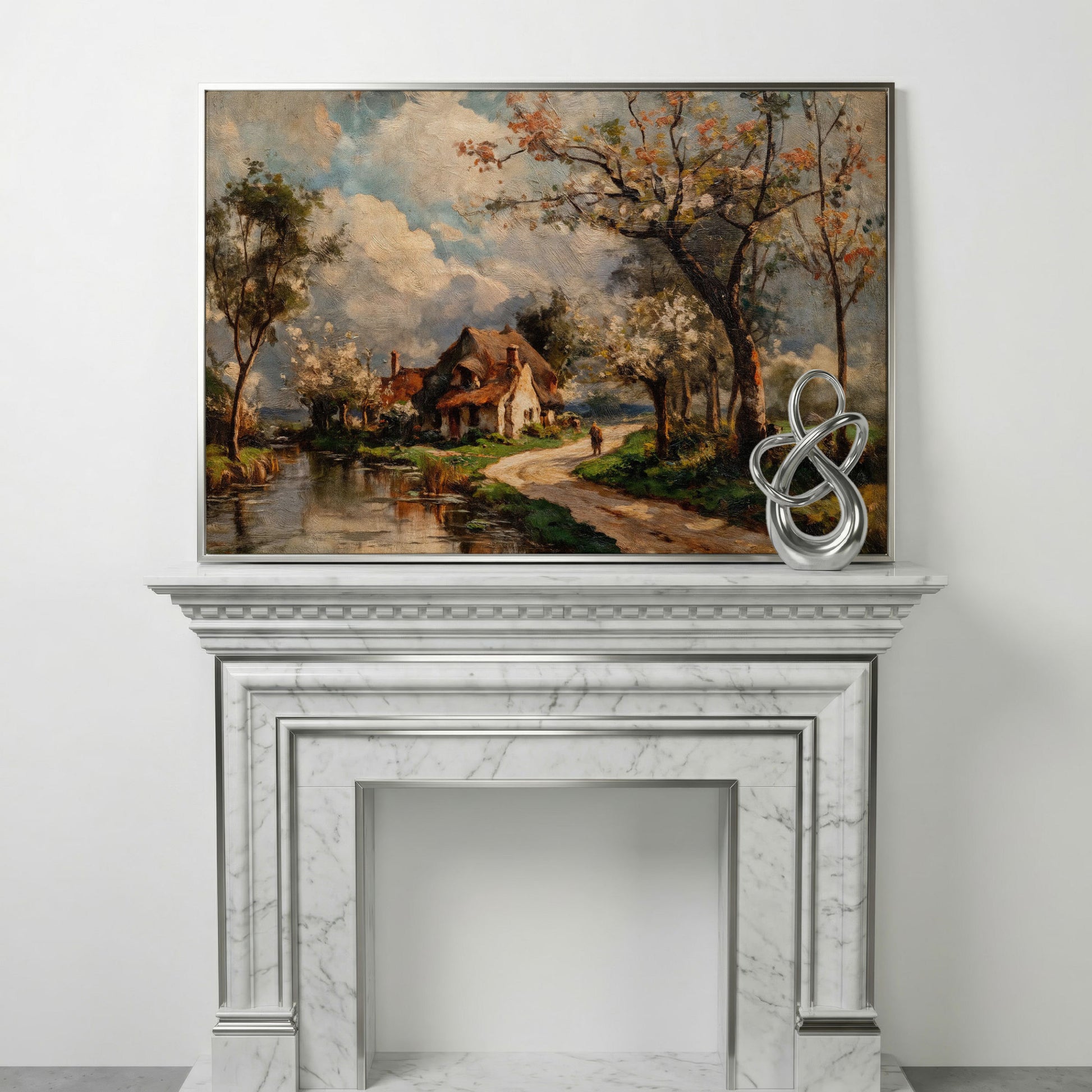 Irish Cottage Landscape Canvas Art with River and Walking Figure in silver floating frame