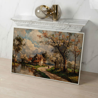 Irish Cottage Landscape Canvas Art with River and Walking Figure in white floating frame