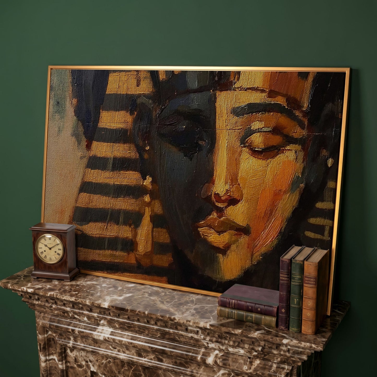 Pharaoh Portrait Canvas Art, Ancient Egypt Wall Decor in antique gold floating frame