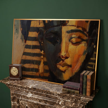 Pharaoh Portrait Canvas Art, Ancient Egypt Wall Decor in antique gold floating frame