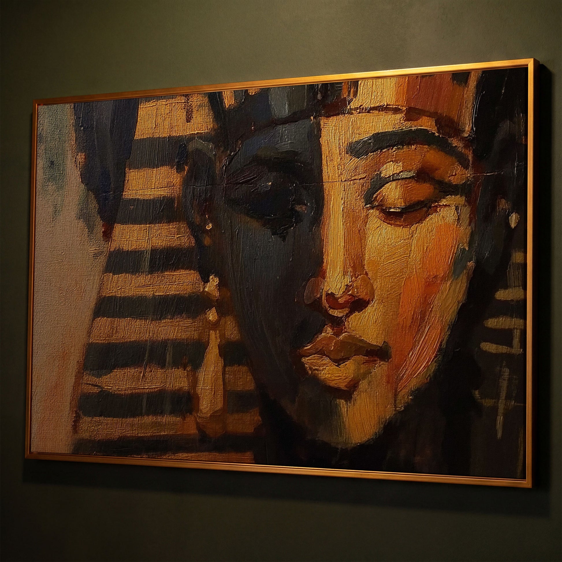 Pharaoh Portrait Canvas Art, Ancient Egypt Wall Decor shown in antique gold floating frame