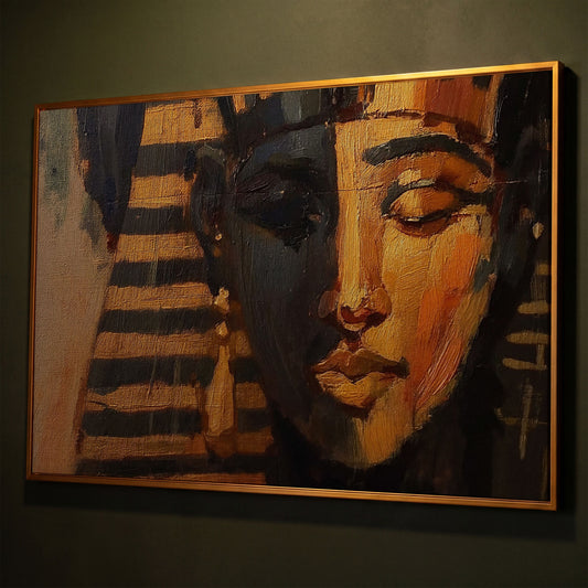 Pharaoh Portrait Canvas Art, Ancient Egypt Wall Decor shown in antique gold floating frame