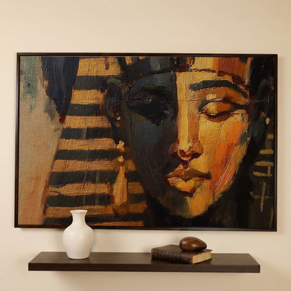 Pharaoh Portrait Canvas Art, Ancient Egypt Wall Decor in dark walnut floating frame