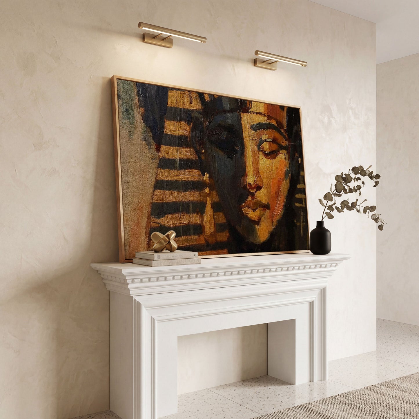 Pharaoh Portrait Canvas Art, Ancient Egypt Wall Decor in white oak floating frame
