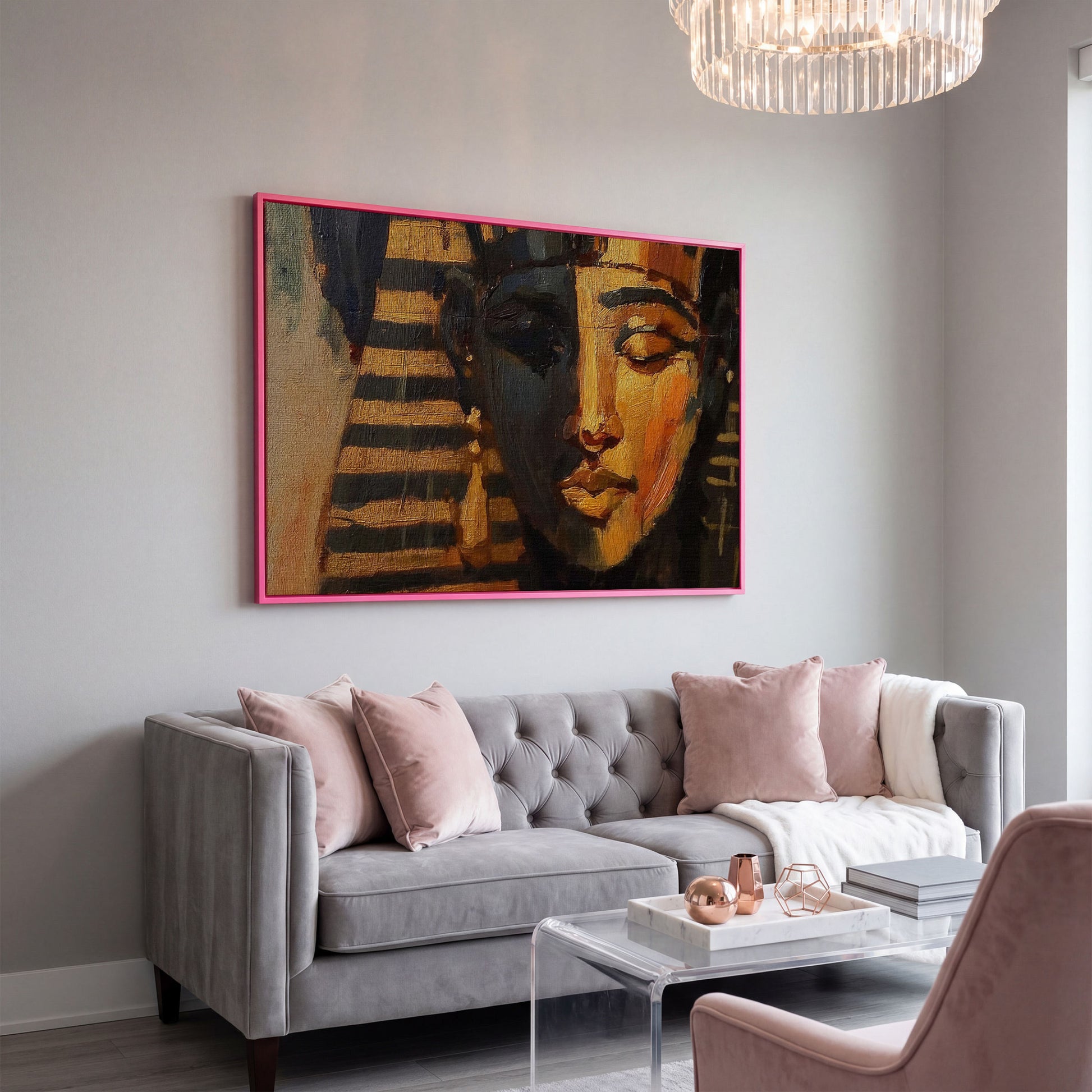 Pharaoh Portrait Canvas Art, Ancient Egypt Wall Decor in pink floating frame