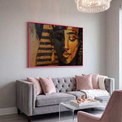 Pharaoh Portrait Canvas Art, Ancient Egypt Wall Decor in pink floating frame