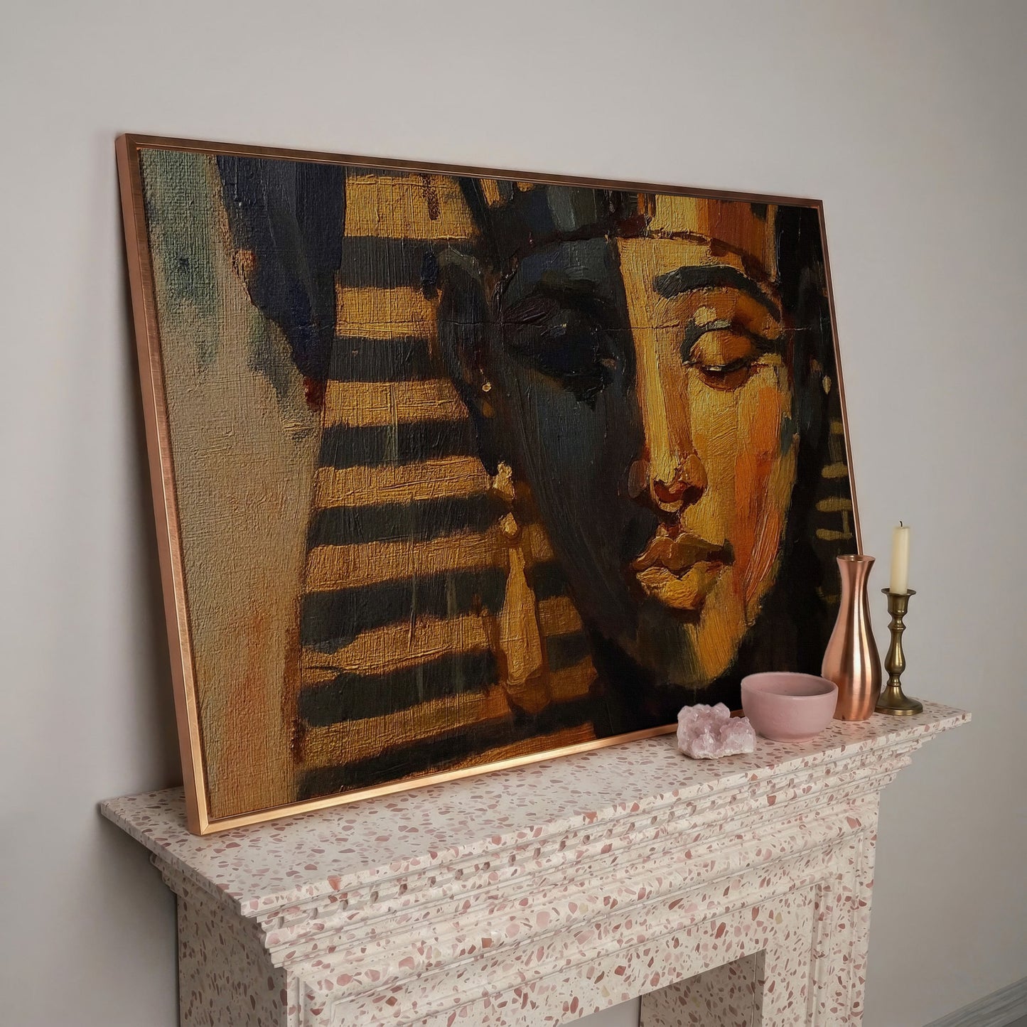 Pharaoh Portrait Canvas Art, Ancient Egypt Wall Decor in rose gold floating frame