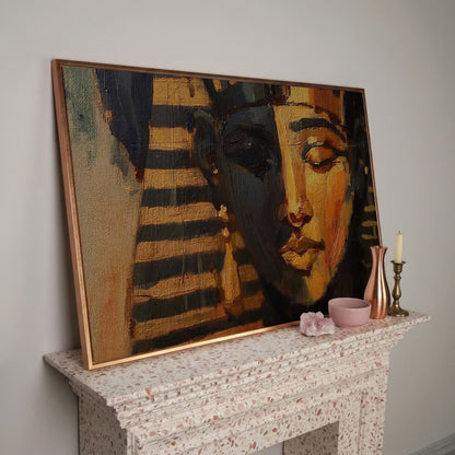 Pharaoh Portrait Canvas Art, Ancient Egypt Wall Decor in rose gold floating frame