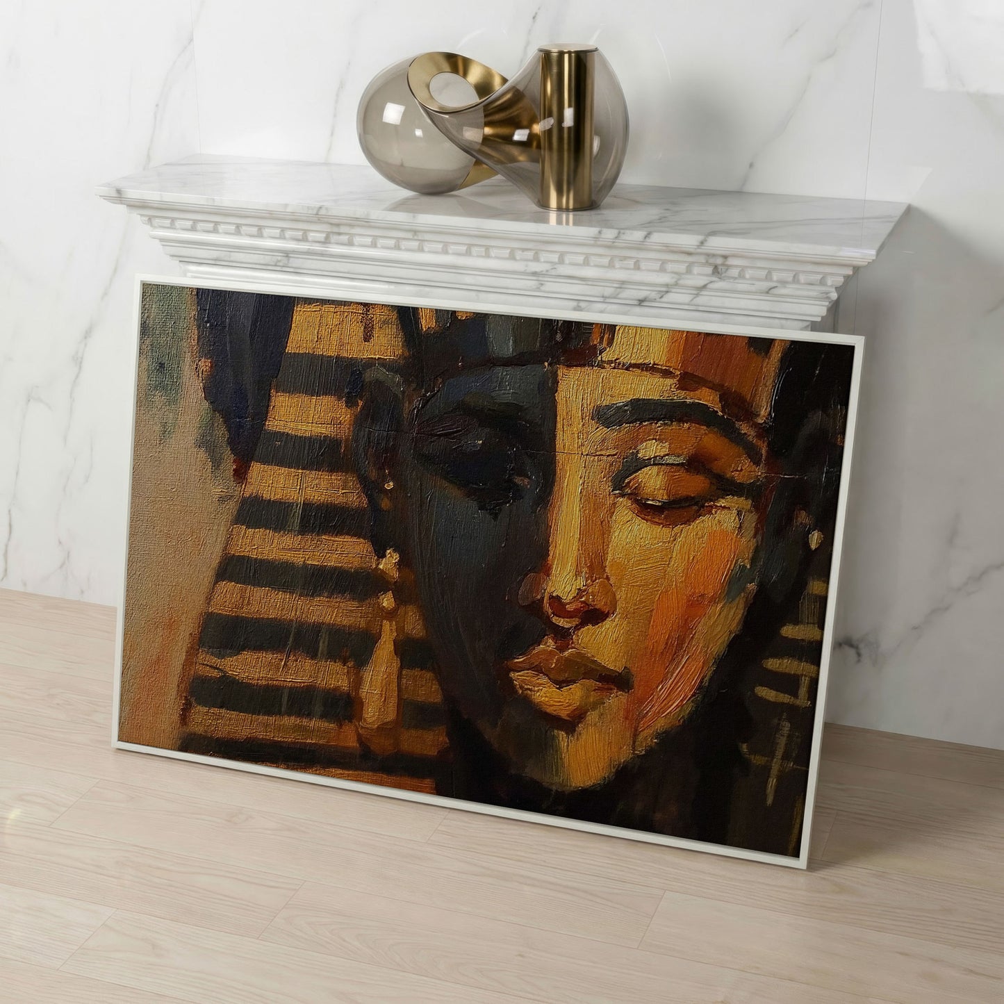 Pharaoh Portrait Canvas Art, Ancient Egypt Wall Decor in white floating frame