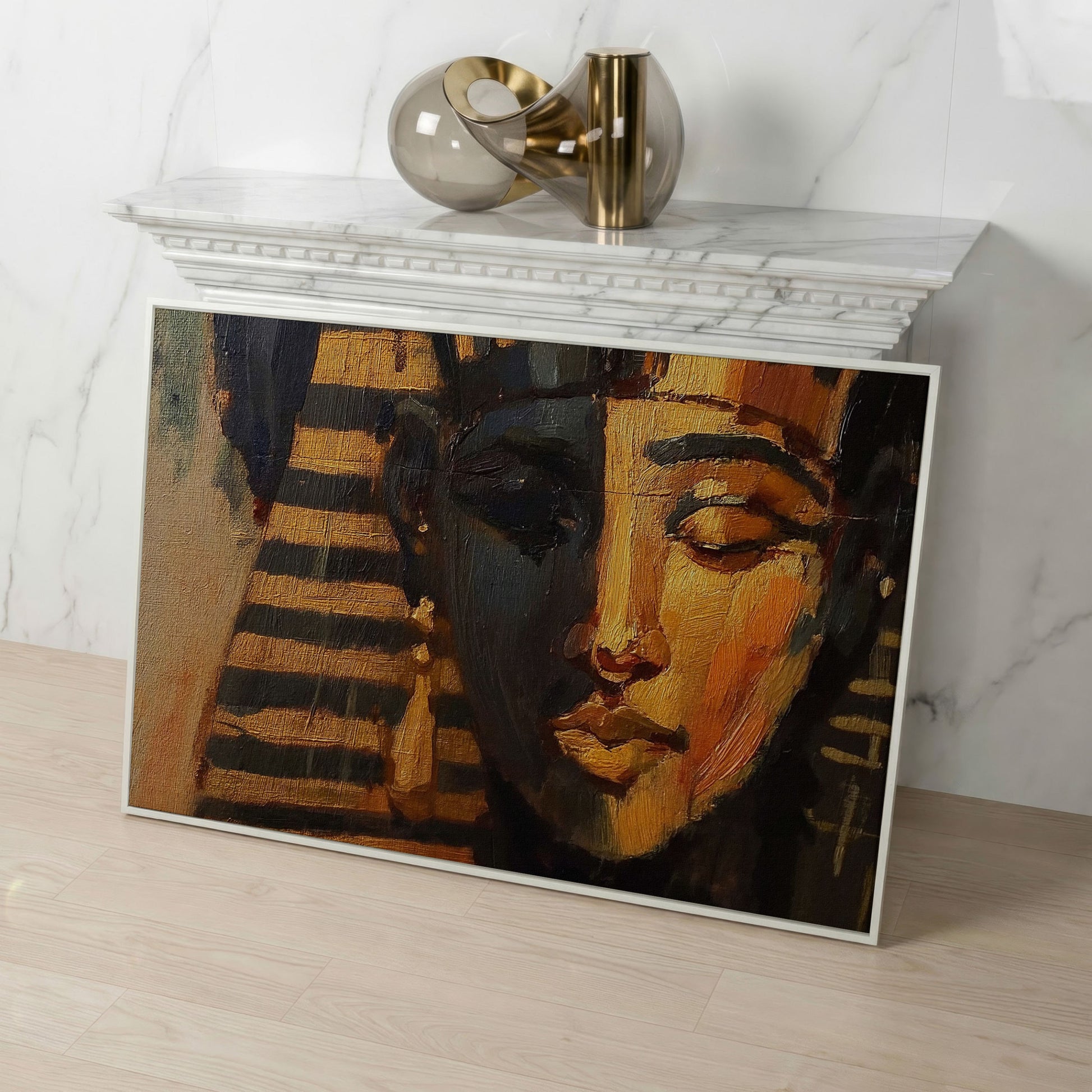 Pharaoh Portrait Canvas Art, Ancient Egypt Wall Decor in white floating frame
