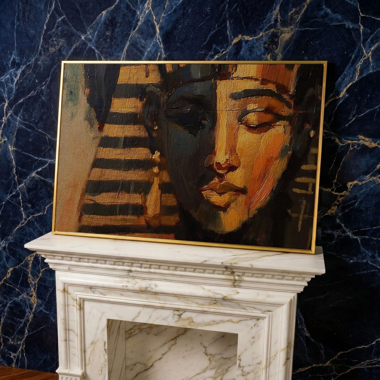 Pharaoh Portrait Canvas Art, Ancient Egypt Wall Decor in yellow gold floating frame