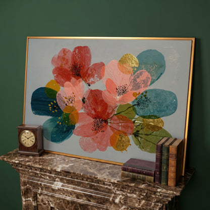 Stylized Poppies and Abstract Leaves Floral Canvas Art in antique gold floating frame