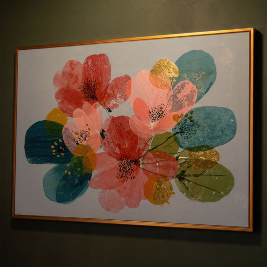 Stylized Poppies and Abstract Leaves Floral Canvas Art shown in antique gold floating frame