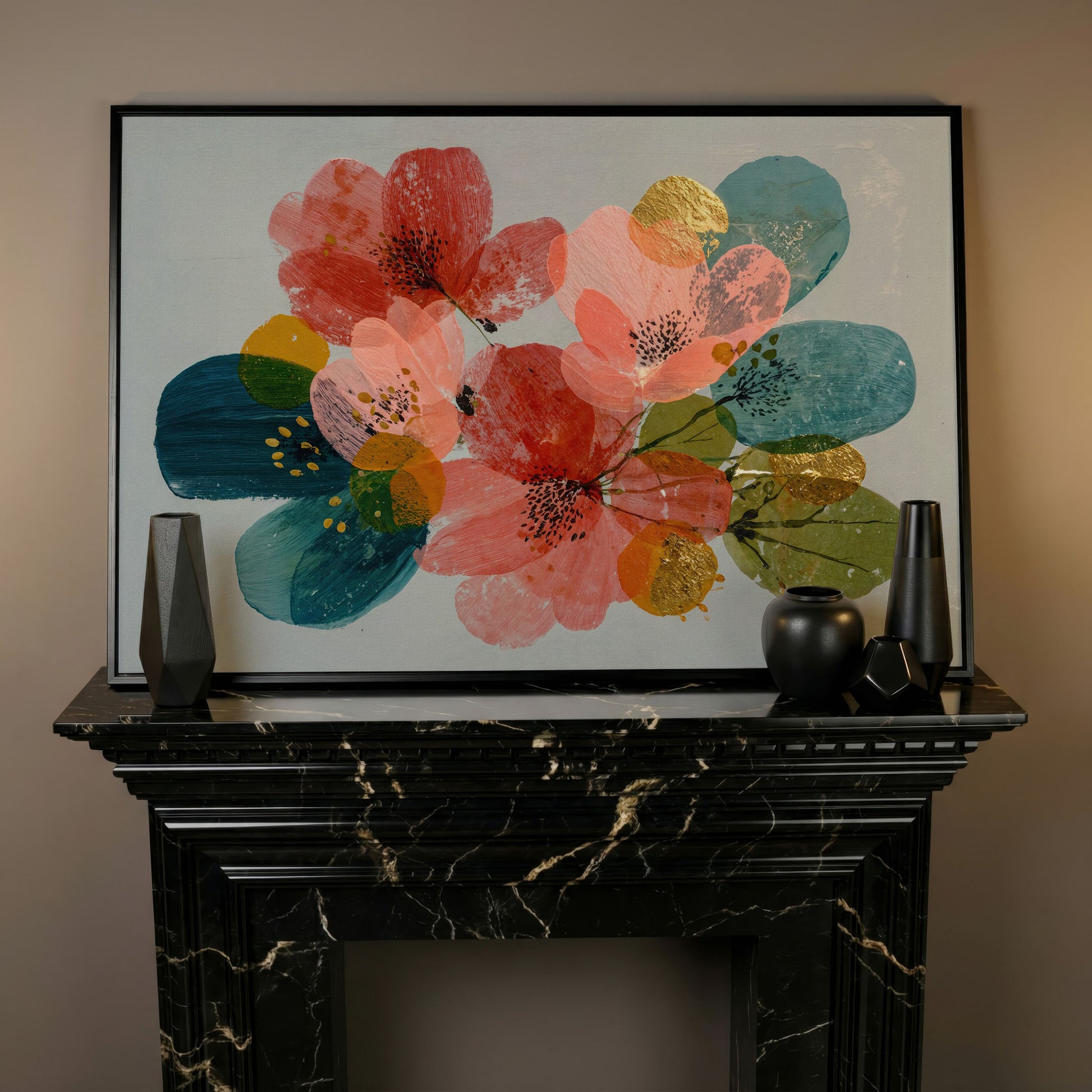 Stylized Poppies and Abstract Leaves Floral Canvas Art in black floating frame