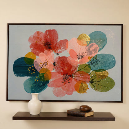 Stylized Poppies and Abstract Leaves Floral Canvas Art in dark walnut floating frame