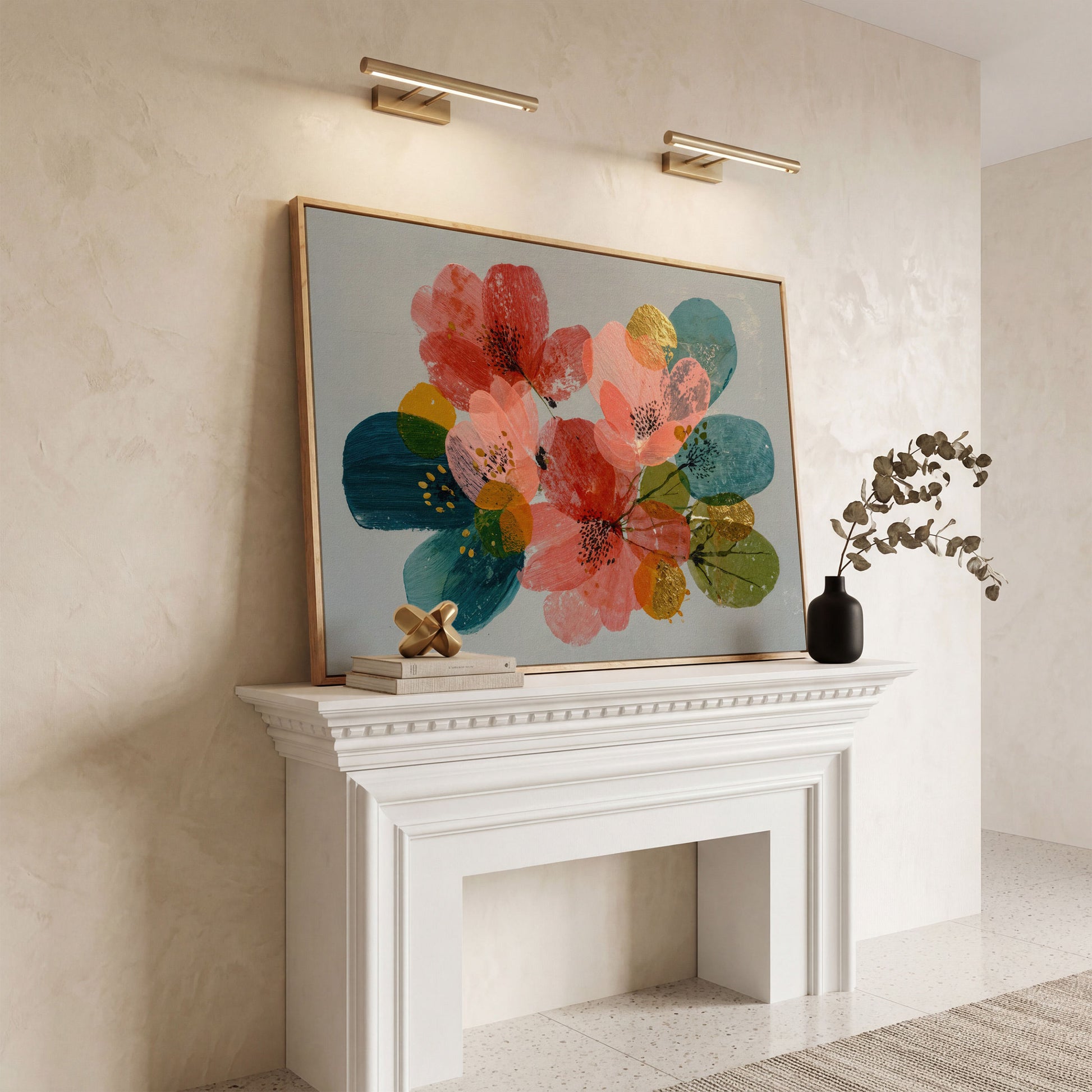 Stylized Poppies and Abstract Leaves Floral Canvas Art in white oak floating frame